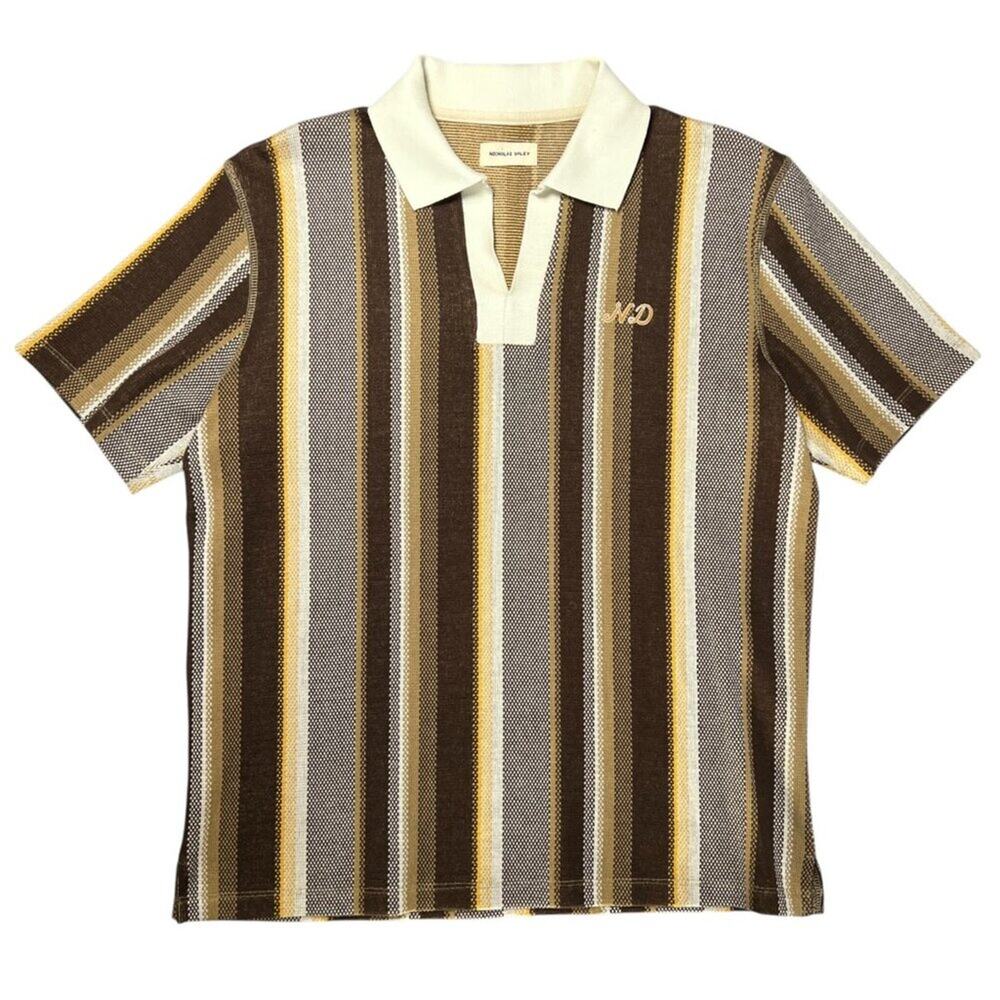 Nicholas Daley Brown Ecru Striped Cotton Knit Polo Shirt Size M Heavyweight